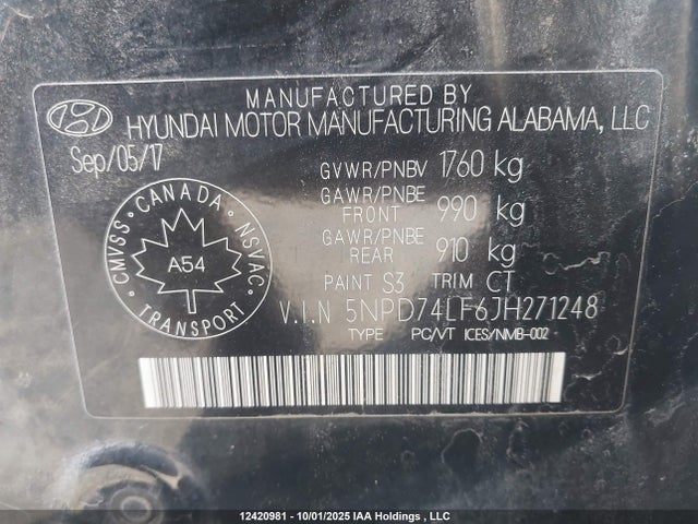 5NPD74LF6JH271248 Hyundai mpi nu