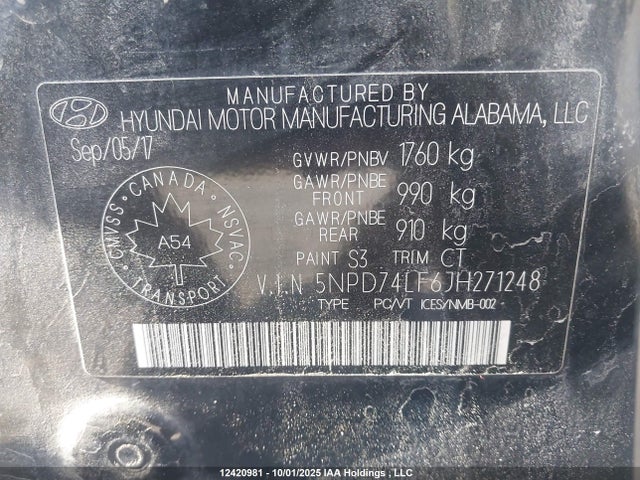 5NPD74LF6JH271248 Hyundai mpi nu