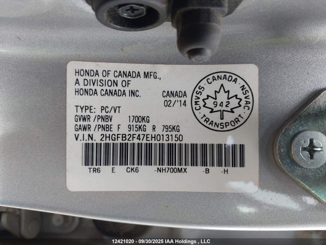 Honda r18z1 2014 2HGFB2F47EH013150 Image 9