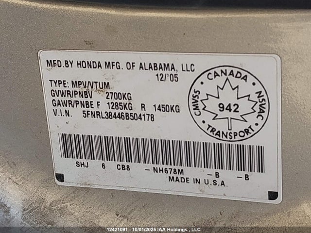 Продаж на аукціоні авто 2006 Honda Odyssey Ex, vin: 5FNRL38446B504178, номер лоту: 12421091