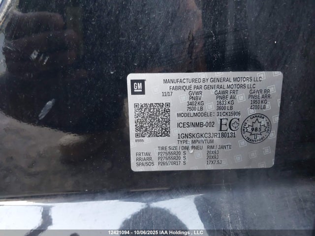 1GNSKGKC3JR180131 Chevrolet l83 - sidi: spark ignited direct injection, vvt: variable valve timing, afm, e85 max, alum