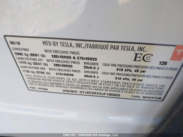 Tesla MODEL X 2018 5YJXCDE2XJF105025 Image 9