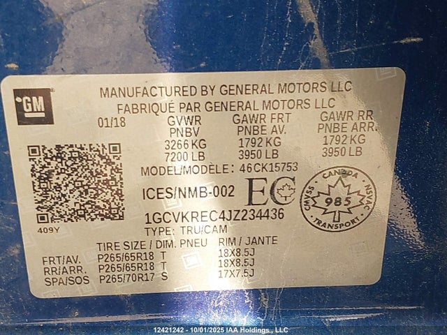 1GCVKREC4JZ234436 Chevrolet l83 - sidi: spark ignited direct injection, vvt: variable valve timing, afm, e85 max, alum