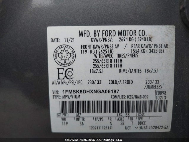 1FMSK8DHXNGA06187 Ford ecoboost
