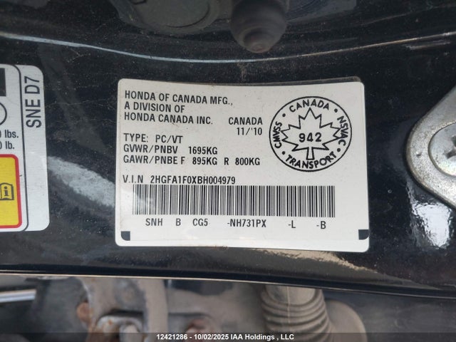 2011 Honda Civic Exl მანქანა იყიდება აუქციონზე, vin: 2HGFA1F0XBH004979, აუქციონის ნომერი: 12421286