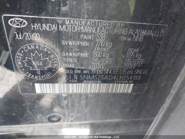 Aukcja sprzedaży 2020 Hyundai Santa Fe Essential Fwd With Smartsense Package, vin: 5NMS23AD4LH254188, numer aukcji: 12421298