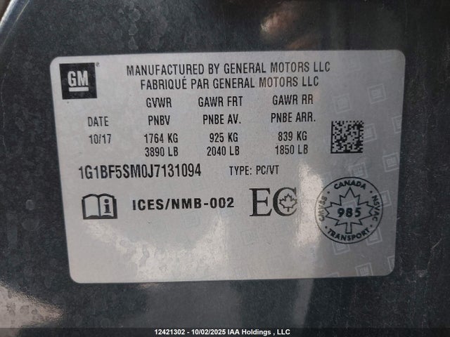 1G1BF5SM0J7131094 Chevrolet le2 -di: direct injection, vvt: variable valve timing, gen, alum