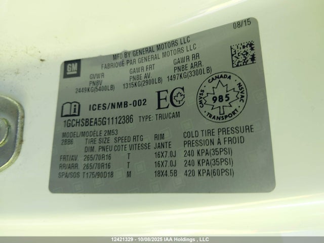1GCHSBEA5G1112386 Chevrolet lcv - sidi; dcvcp; vvt; e85 max, e0-e100, alum