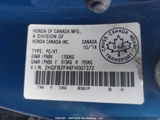 Honda r18z1 2015 2HGFB2F44FH007372 Image 9