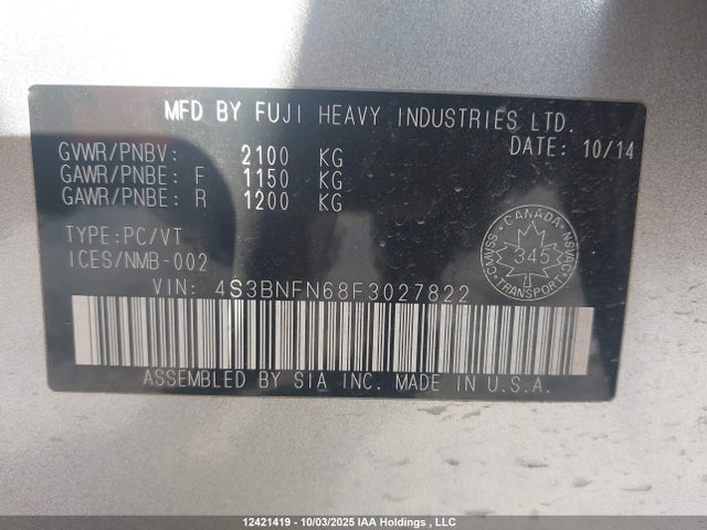 Subaru 3.6l c0 2015 4S3BNFN68F3027822 Image 9