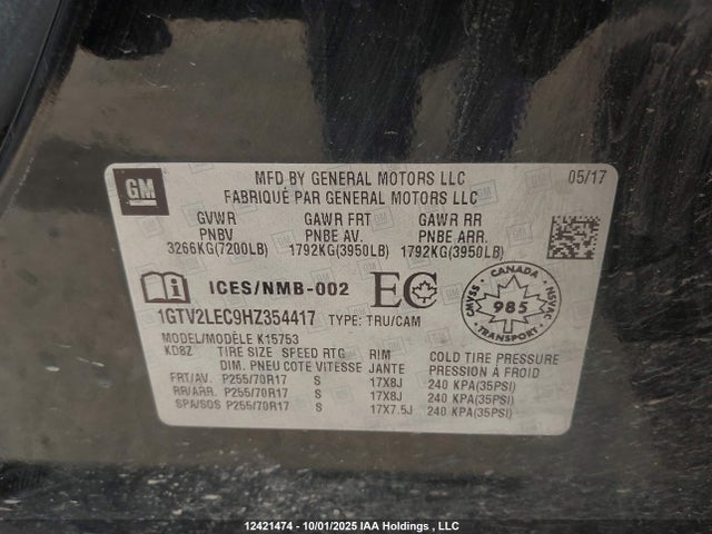 1GTV2LEC9HZ354417 GMC l83 -spark ignited direct injection, variable valve timing, afm, e85 max, alum