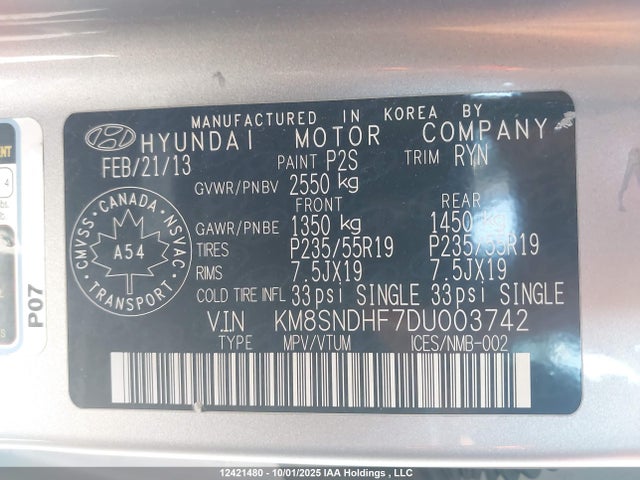 Продаж на аукціоні авто 2013 Hyundai Santa Fe, vin: KM8SNDHF7DU003742, номер лоту: 12421480