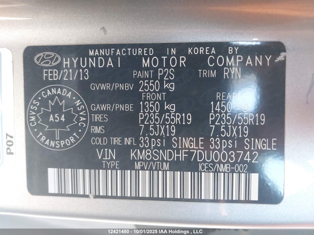 Продаж на аукціоні авто 2013 Hyundai Santa Fe, vin: KM8SNDHF7DU003742, номер лоту: 12421480
