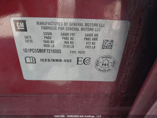 12421508 :رقم المزاد ، 1G1PC5SB6F7218003 vin ، 2015 Chevrolet Cruze مزاد بيع