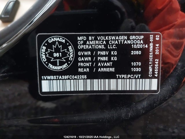 12421619 :رقم المزاد ، 1VWBS7A39FC042255 vin ، 2015 Volkswagen Passat Se مزاد بيع