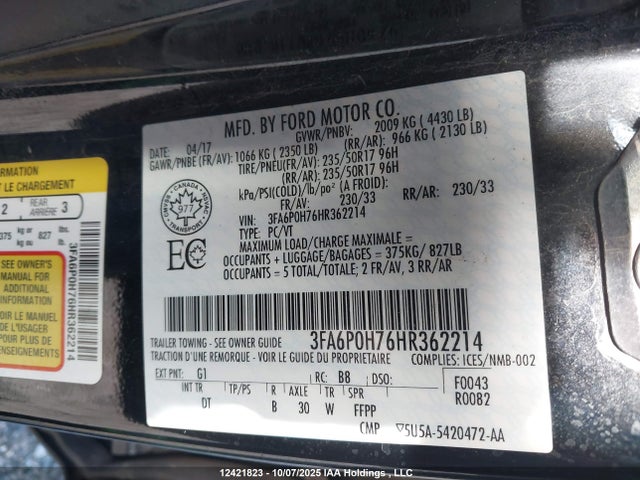 3FA6P0H76HR362214 Ford 2017