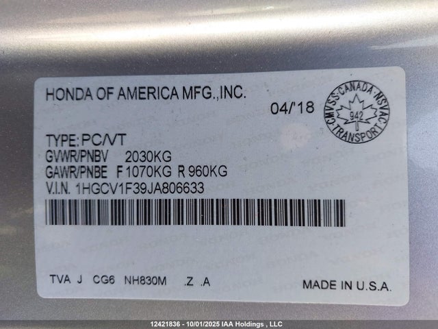 1HGCV1F39JA806633 Honda l15be