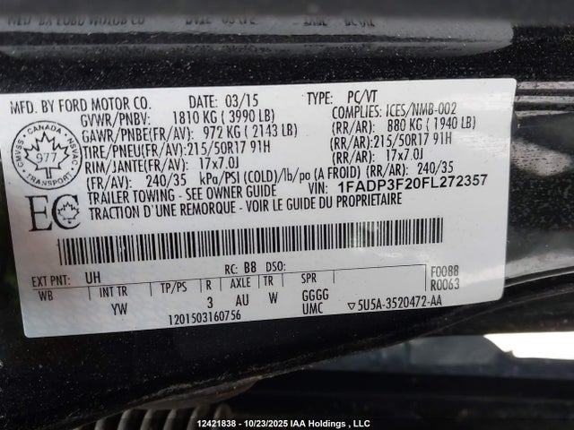 Ford FOCUS SE 2015 1FADP3F20FL272357 Image 9