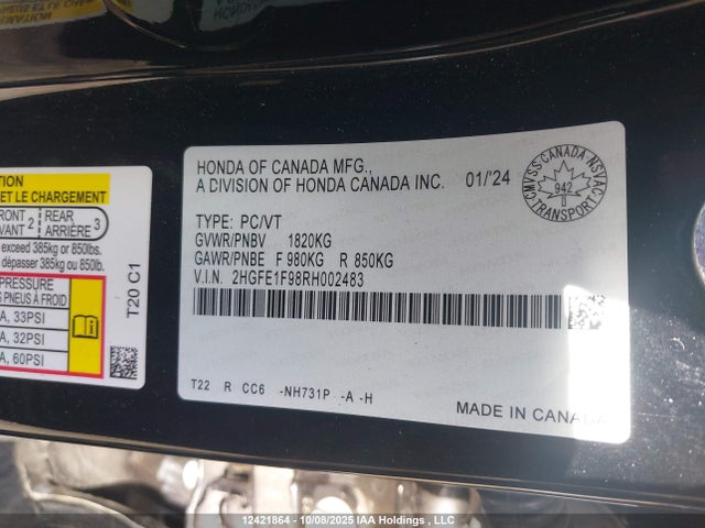 Honda l15b7 2024 2HGFE1F98RH002483 Image 9
