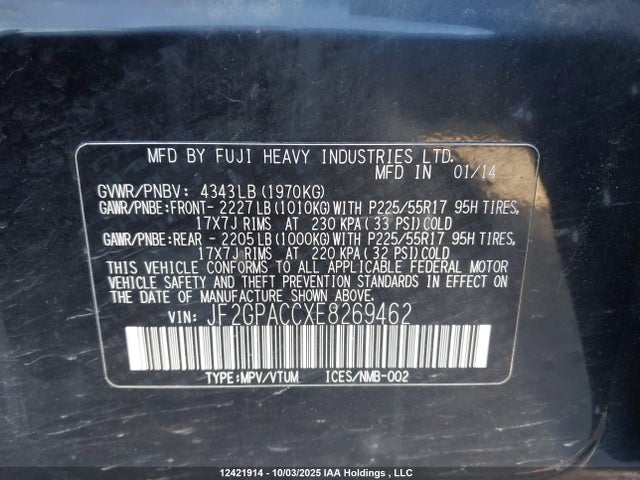 JF2GPACCXE8269462 Subaru 2.0l na