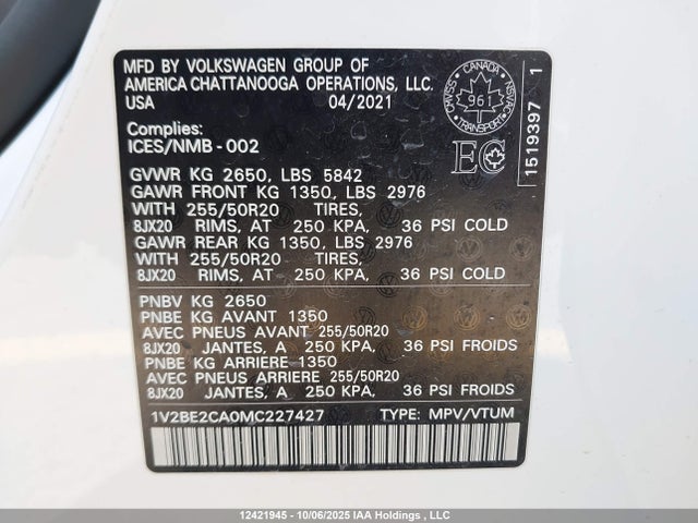 Volkswagen 3.6 fsi 2021 1V2BE2CA0MC227427 Image 9