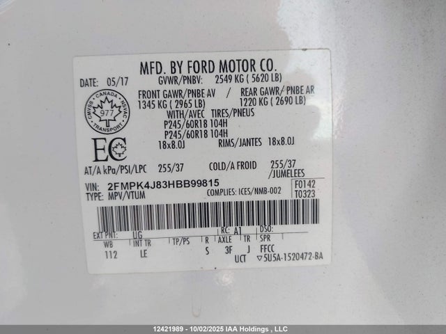 12421989 :رقم المزاد ، 2FMPK4J83HBB99815 vin ، 2017 Ford Edge مزاد بيع