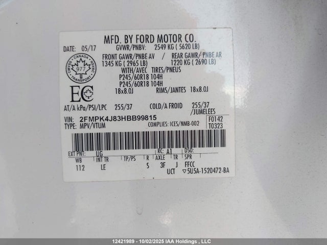 12421989 :رقم المزاد ، 2FMPK4J83HBB99815 vin ، 2017 Ford Edge مزاد بيع