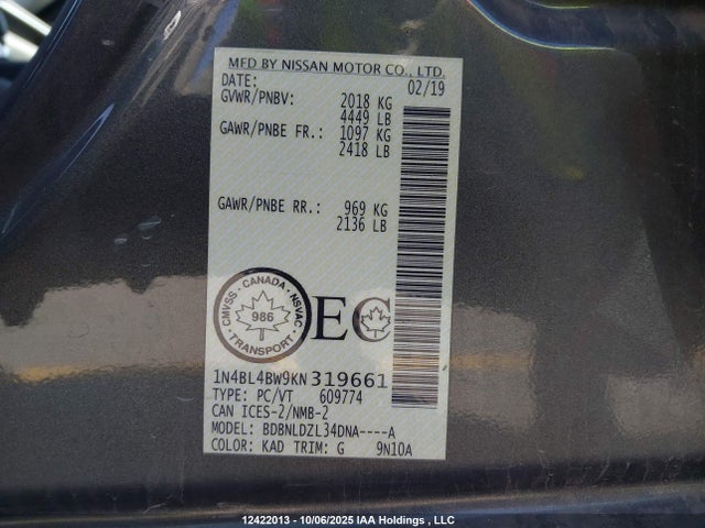 1N4BL4BW9KN319661 Nissan Altima