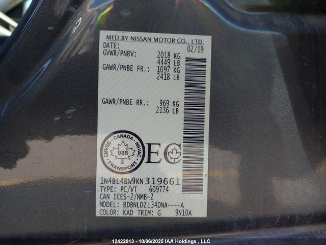 1N4BL4BW9KN319661 Nissan Altima