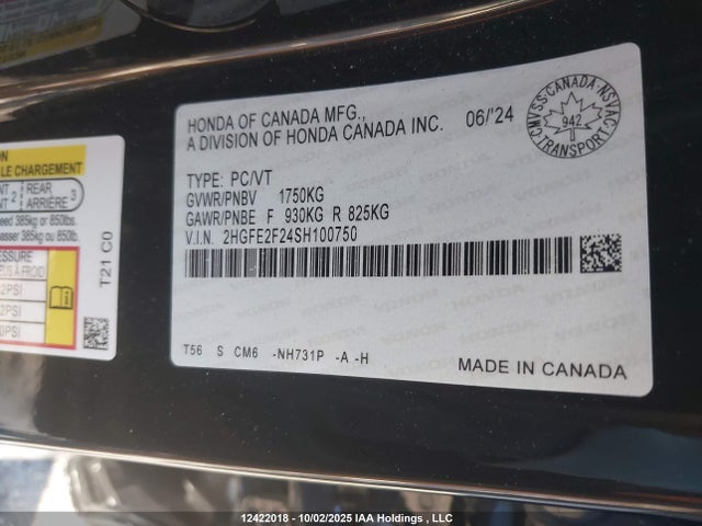 Honda k20c9 2025 2HGFE2F24SH100750 Image 9