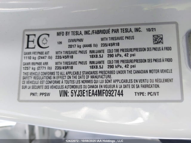 Tesla MODEL 3 2021 5YJ3E1EA4MF092744 Image 9