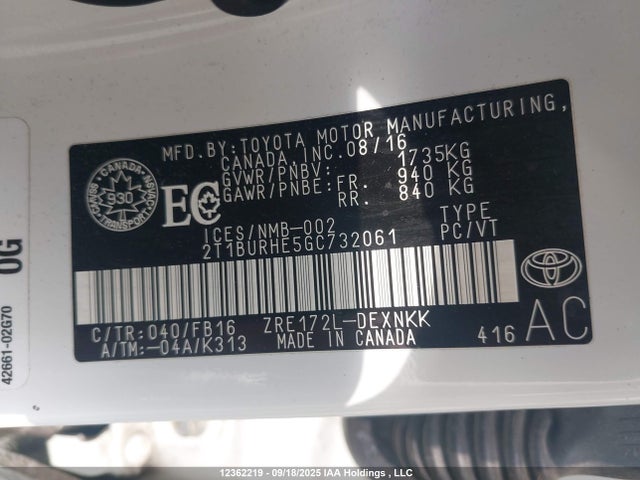 Toyota 2zr-fe 2016 2T1BURHE5GC732061 Image 9