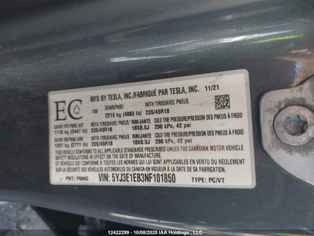 5YJ3E1EB3NF101850 Tesla MODEL 3