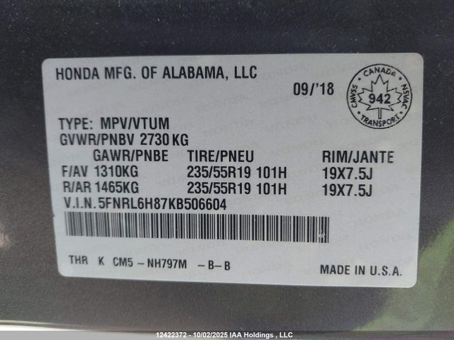 Honda j35y7 2019 5FNRL6H87KB506604 Image 19