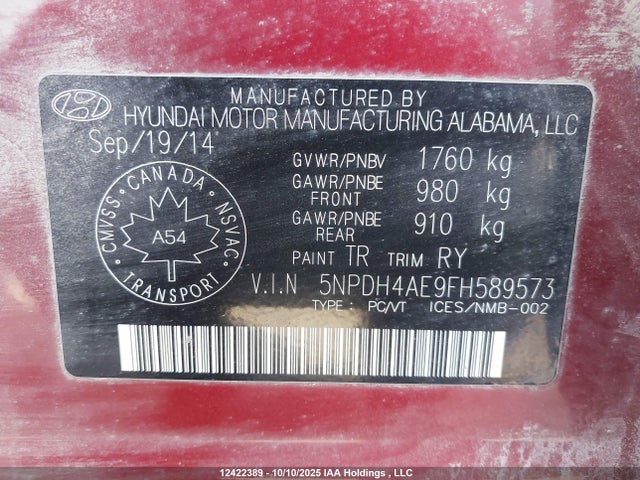 5NPDH4AE9FH589573 Hyundai dohc mpi nu
