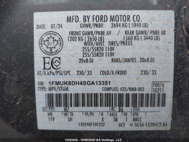 1FMUK8DH4SGA13351 Ford tivct