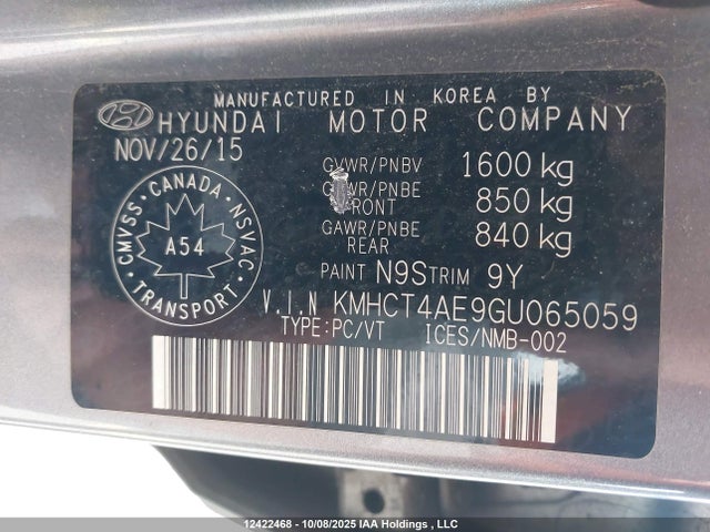 Hyundai dohc gdi gamma 2016 KMHCT4AE9GU065059 Image 9