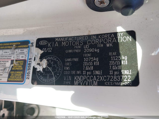 Aukcja sprzedaży 2012 Kia Sportage Ex/ex Luxury, vin: KNDPCCA2XC7283722, numer aukcji: 12422506
