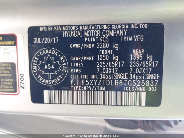 5XYZTDLB6JG525837 Hyundai gdi theta ii