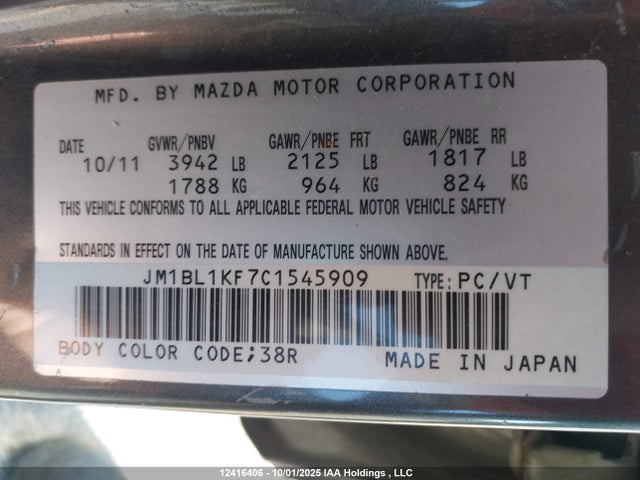 12416406 :رقم المزاد ، JM1BL1KF7C1545909 vin ، 2012 Mazda Mazda3 Gx مزاد بيع