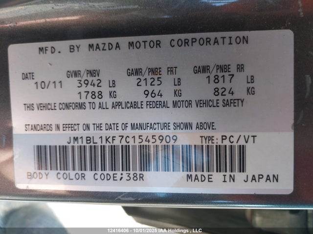 12416406 :رقم المزاد ، JM1BL1KF7C1545909 vin ، 2012 Mazda Mazda3 Gx مزاد بيع