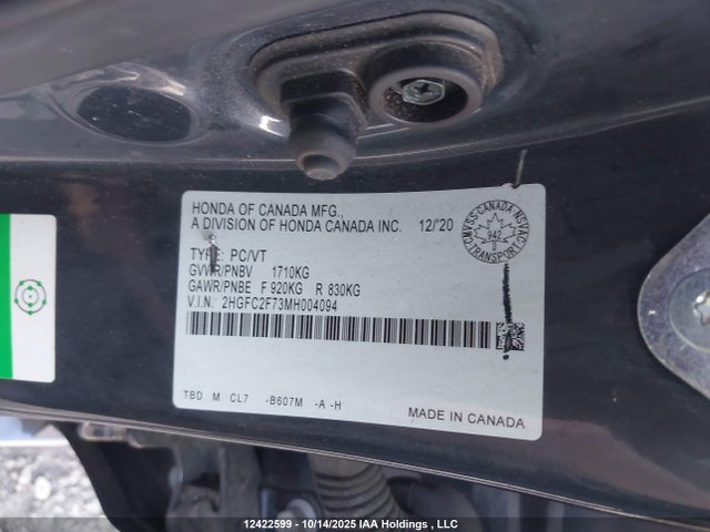 Продаж на аукціоні авто 2021 Honda Civic, vin: 2HGFC2F73MH004094, номер лоту: 12422599