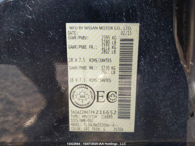 Nissan 2015 2015 5N1AZ2MH7FN216652 Image 9