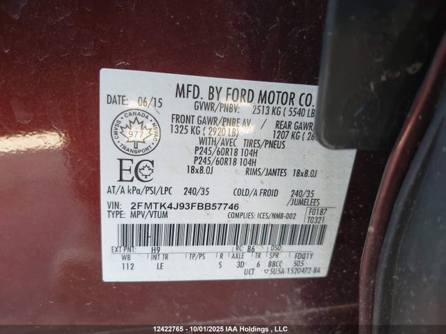 Ford Edge 2015 2FMTK4J93FBB57746 Image 9