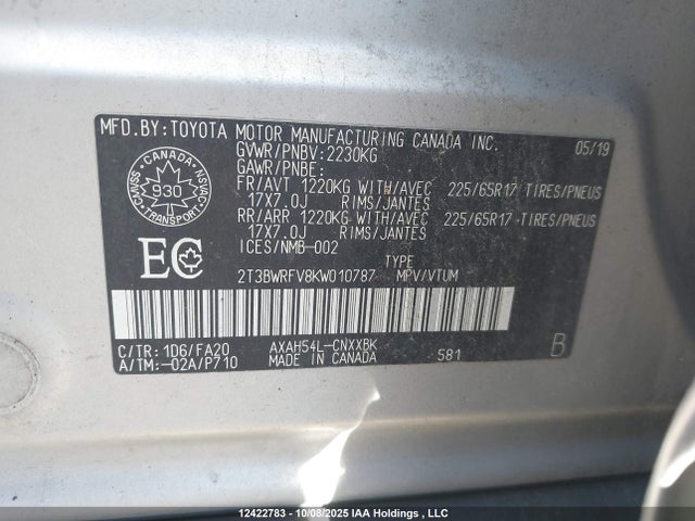 12422783 :رقم المزاد ، 2T3BWRFV8KW010787 vin ، 2019 Toyota Rav4 Le مزاد بيع
