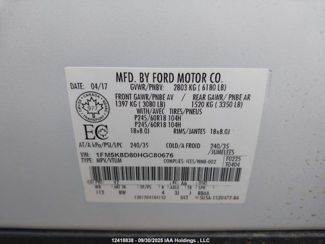 1FM5K8D80HGC80676 Ford 3.5l ti-vct