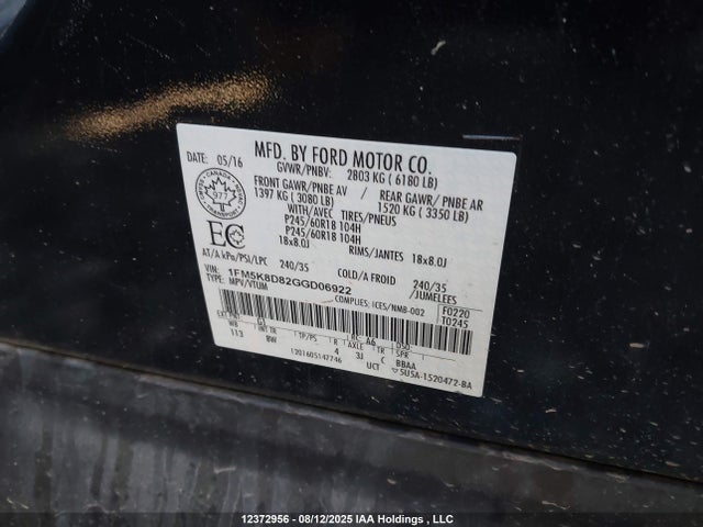 Ford 2016 2016 1FM5K8D82GGD06922 Image 9