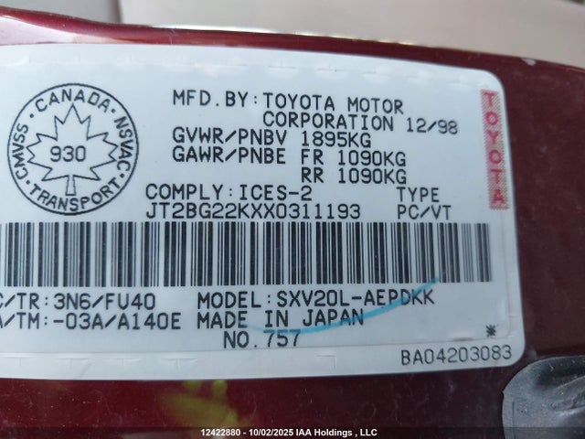 Продажа на аукционе авто 1999 Toyota Camry Le, vin: JT2BG22KXX0311193, номер лота: 12422880