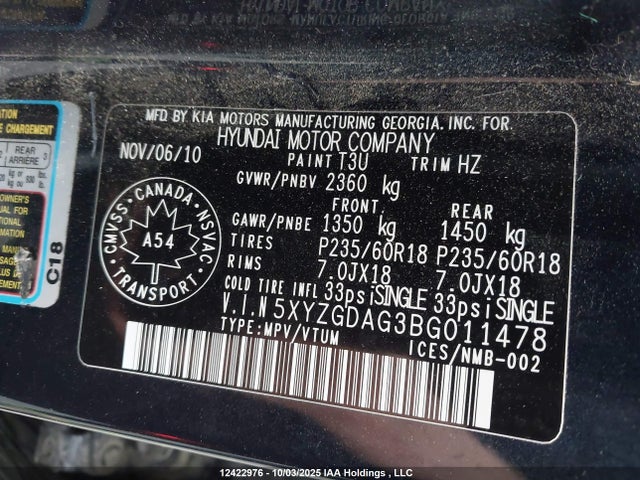 12422976 :رقم المزاد ، 5XYZGDAG3BG011478 vin ، 2011 Hyundai Santa Fe Gl 3.5 Sport مزاد بيع