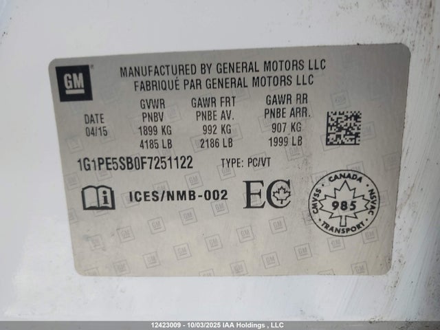 1G1PE5SB0F7251122 Chevrolet Cruze 2lt